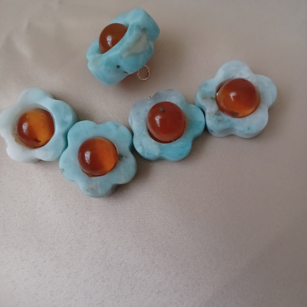 18k Naturl 100%larimar Flowers And Amber Pendant